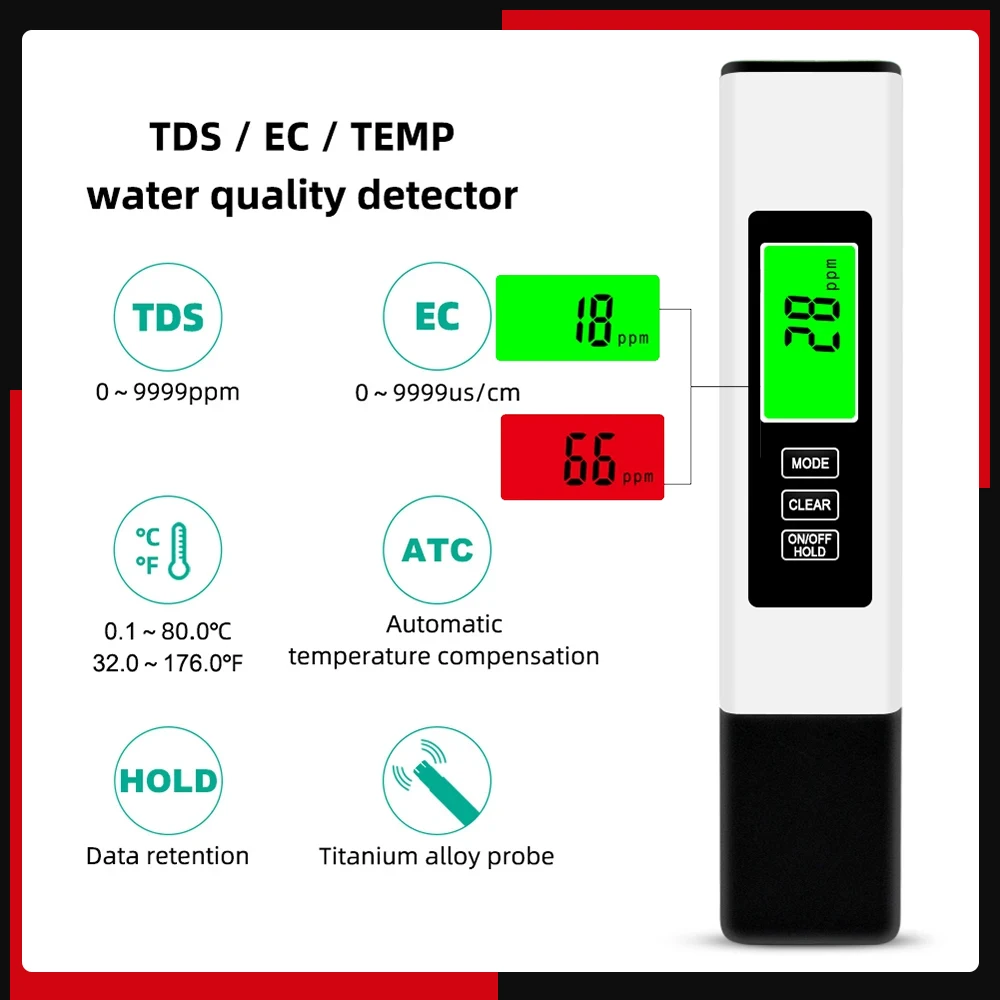 3 in 1 TDS Meter Water Quality Detector EC Test Pen Water Quality Test Pen Conductivity Tester TDS Portable EC Pen