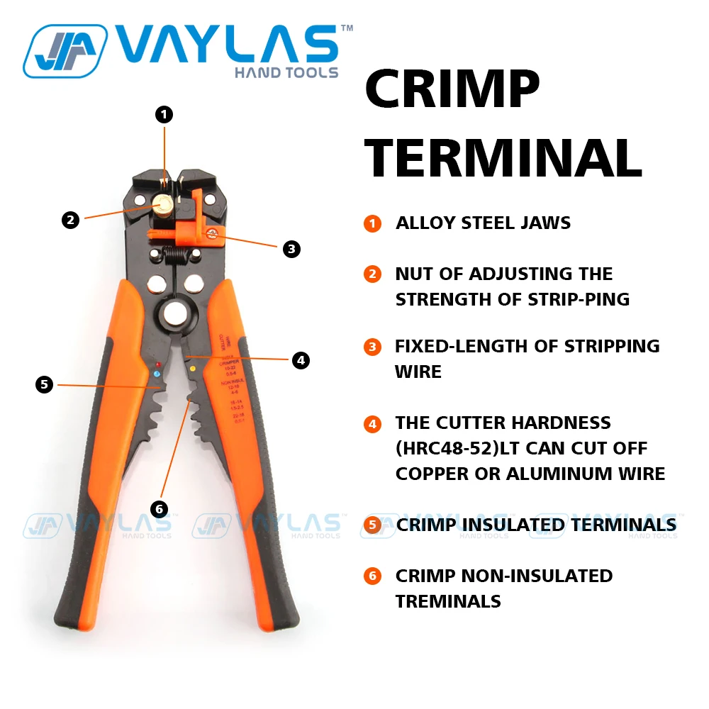 VAYLAS 5 in 1 Auto Wire Stripper Crimper Cable Cutter Self-Adjusting with Cushion Handle Grip Multifunctional Stripping Tools