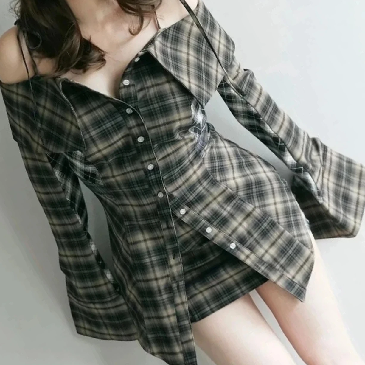 

Spring and Autumn Women's Tops Japanese Style Off-the-shoulder Shirt Straps One-word Shoulder Plaid Casual Shirts Women