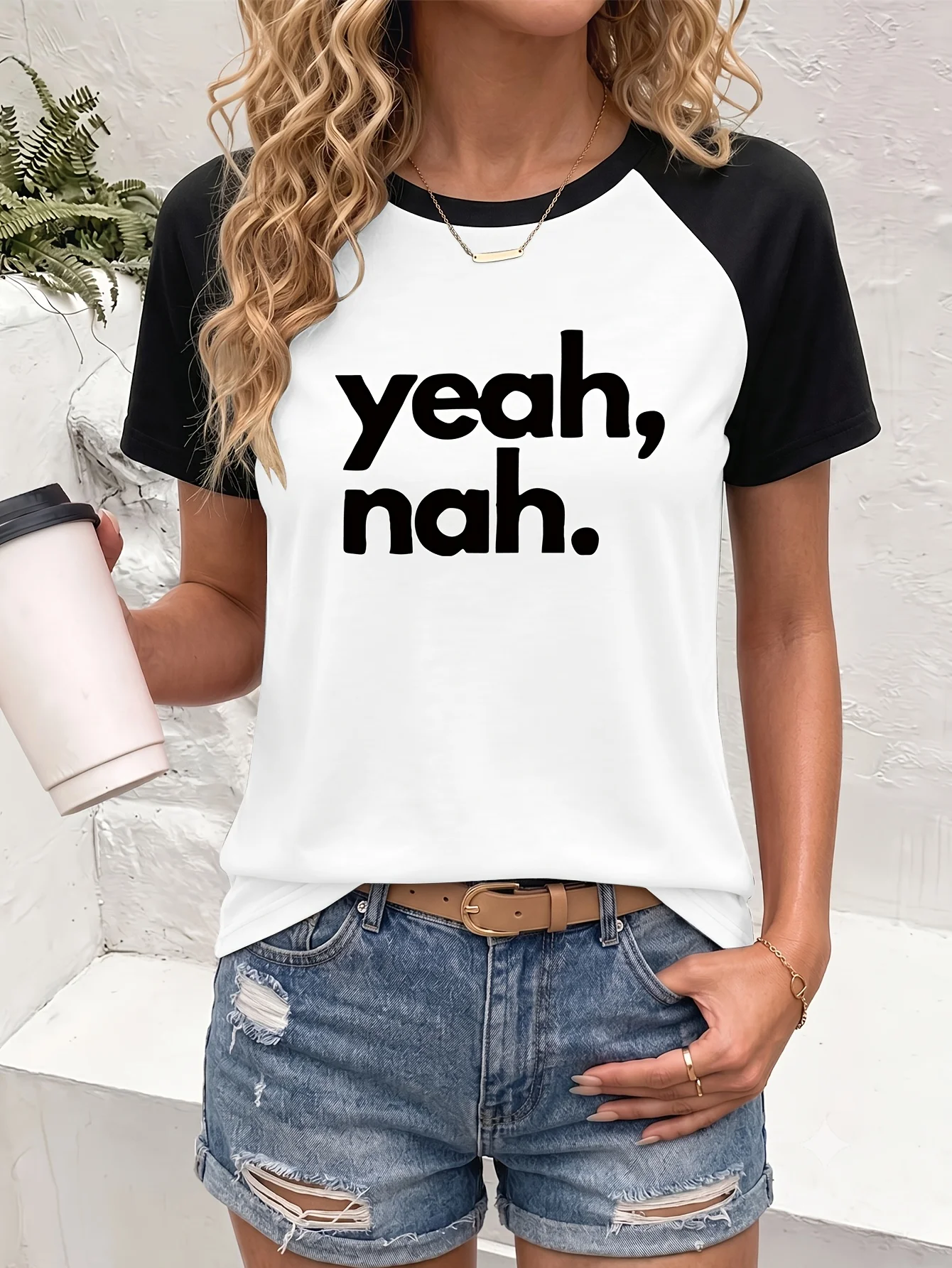 Women's Yeah Nah Letter Print T-Shirt Short Sleeve Crew Neck Casual Tees Tops Vintage Style T Shirt Clothes Female Y2k Tshirt
