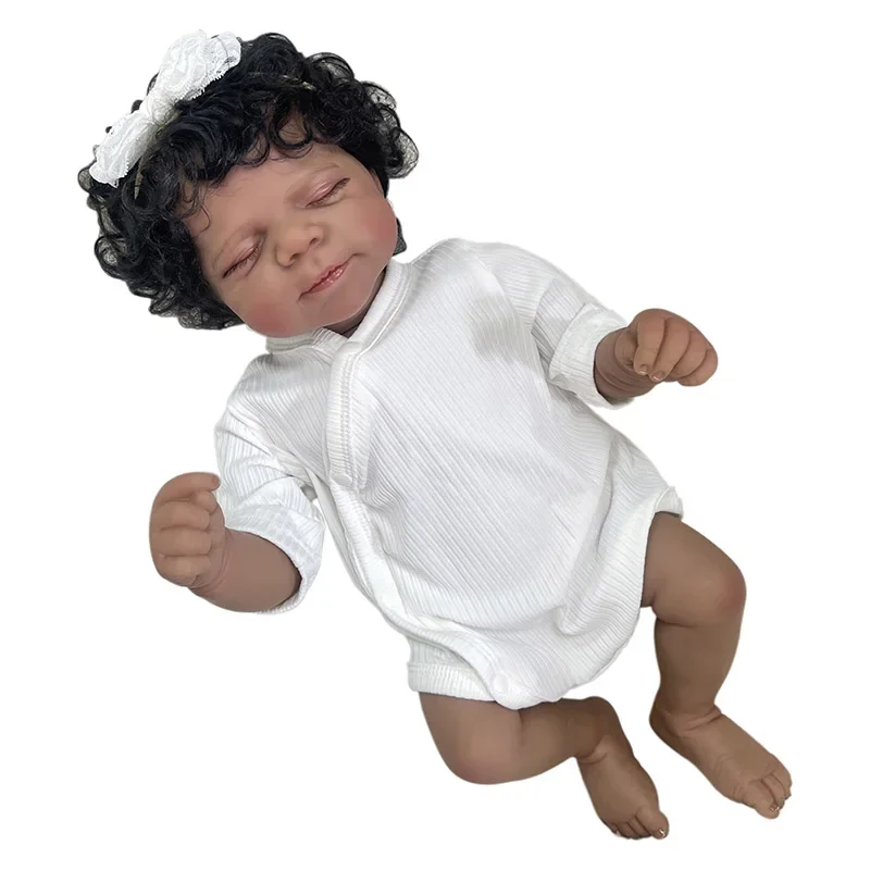 48 cm dunkle Haut, wiedergeborene Puppe Pascale, lebensechte Soft-Touch-Puppe mit handwurzelnder Haarpuppe