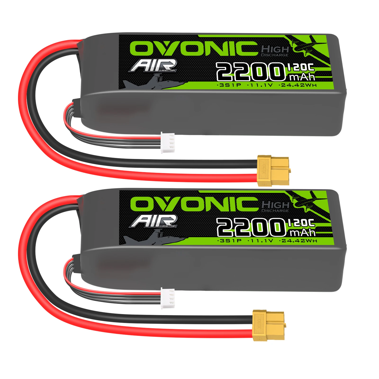 Batteria LiPo OVONIC 3S Corta 11.1V 2200mAh 120C con Connettore XT60 per Aeromodelli RC, Elicotteri, Quadricotteri, Aerei Sportivi e Modelli in Scala (Confezione da 2)