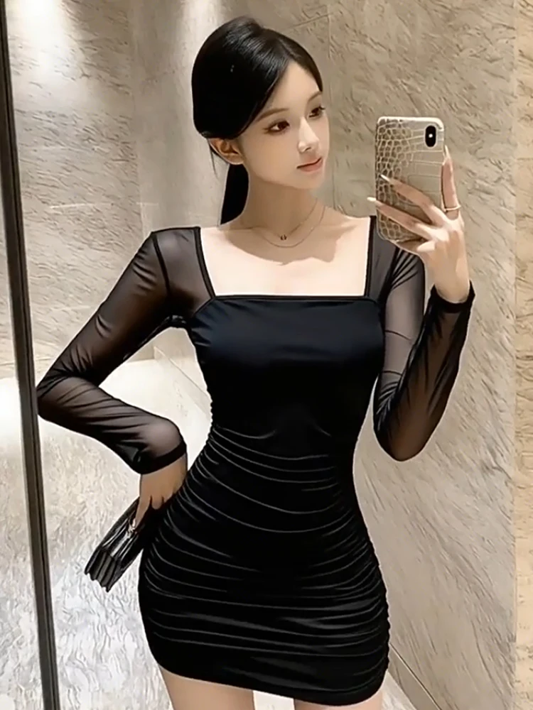 เดรสสั้นรัดรูปผ้าทูลล์สีดำสำหรับผู้หญิง แขนจีบ คอเหลี่ยม ทรงเข้ารูป เซ็กซี่ เหมาะสำหรับงานปาร์ตี้ คลับ งานพรอม แฟชั่นใหม่สำหรับสุภาพสตรี