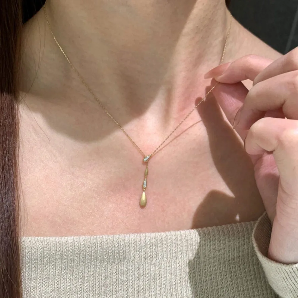 Minimalism Retro 925 Sterling Silver Brushed Metal Small Teardrop-shaped Tassel Pendant Necklace for Women Jewelry Accessories