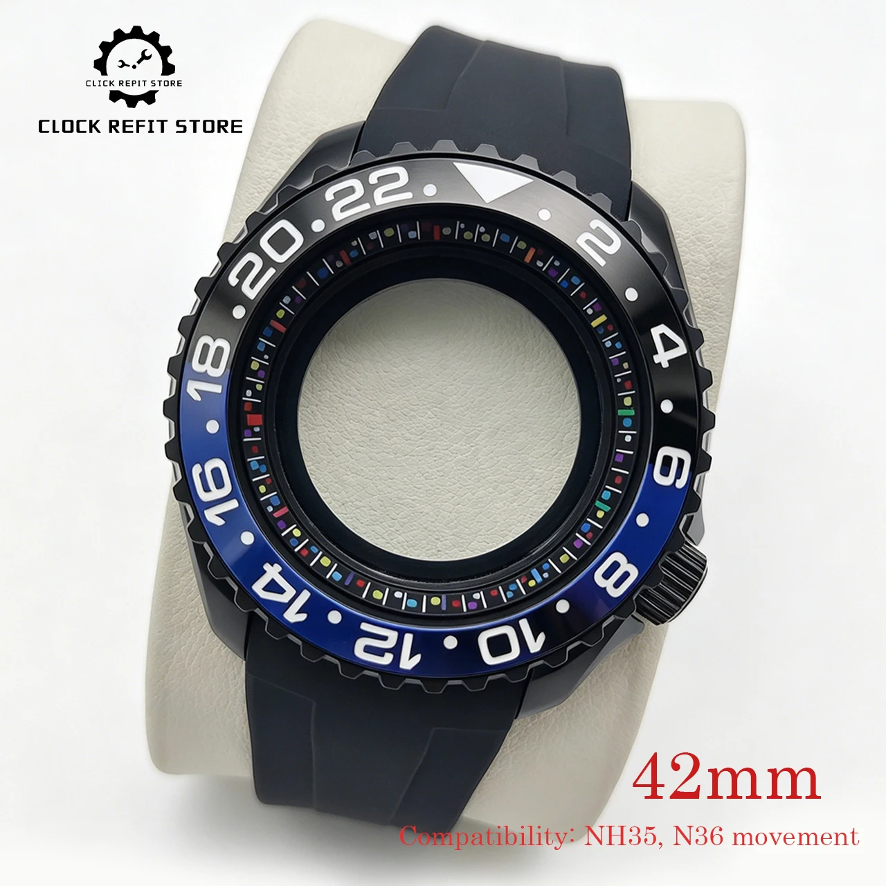 42mm PVD Matte NH35 SKX007 Style Watch Case Set, Sapphire Crystal Exhibition Back Rubber Strap Ceramic Bezel,  Sale DIY Mod