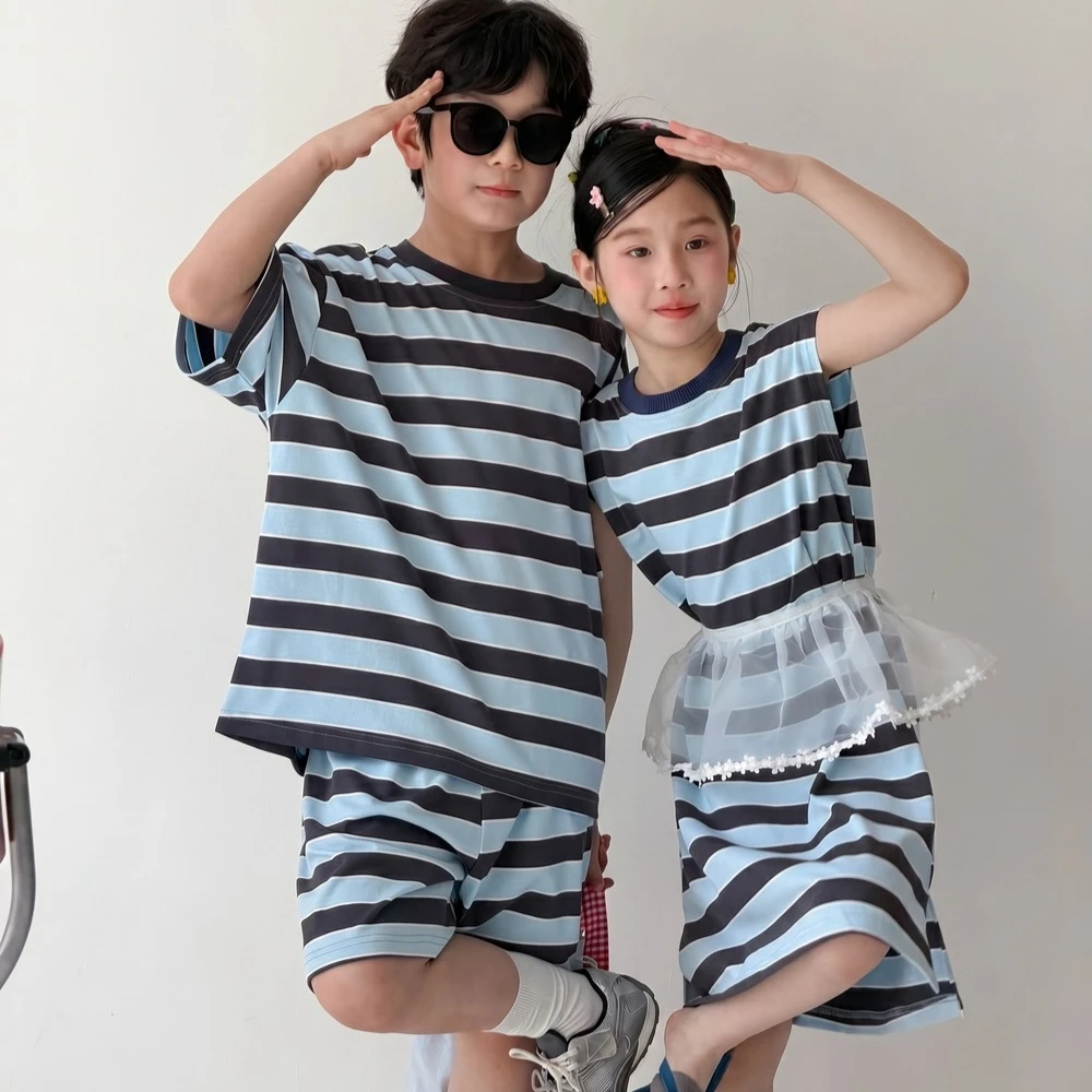 Set 2026 Spring and Summer New Childrens Clothes Korean Boys and Girls Striped T-shirt Shorts Two-piece Dress Brother and Sister