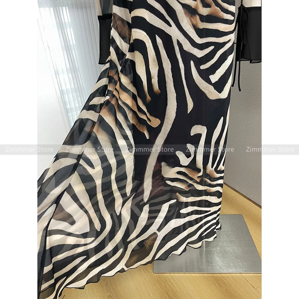 Retro sexy zebra pattern stitching cut slim fit long sleeve long dress female 2024 early autumn new