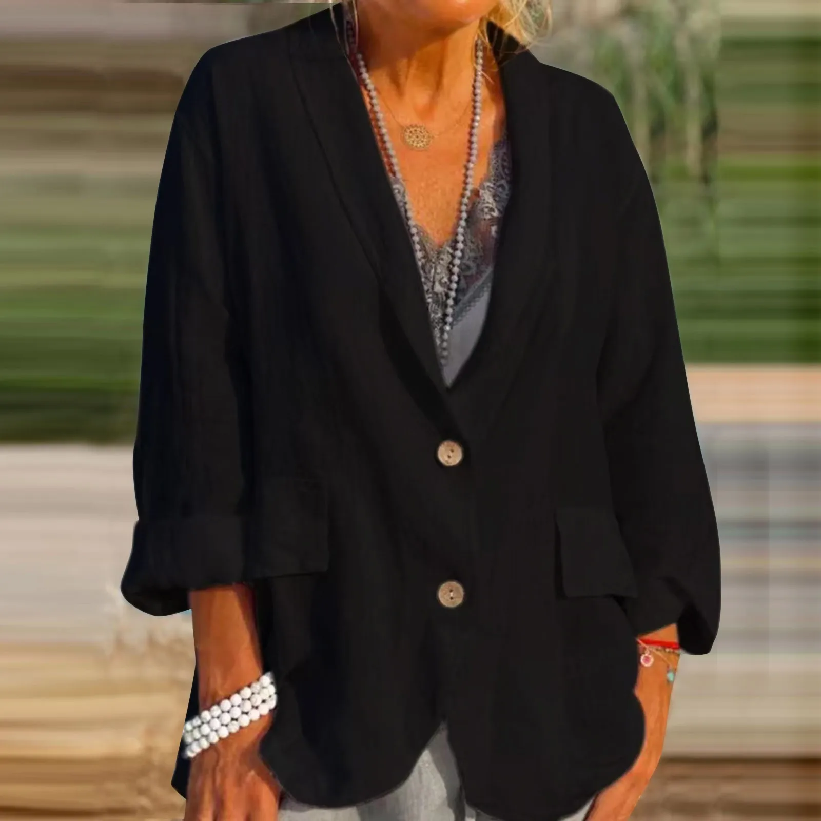 Blazer en Lin pour Femme, à Manches sulf, Vêtement de Travail, Couleur Unie, Ouvert Devant, Élégant, avec Poches, Manteau Trempé