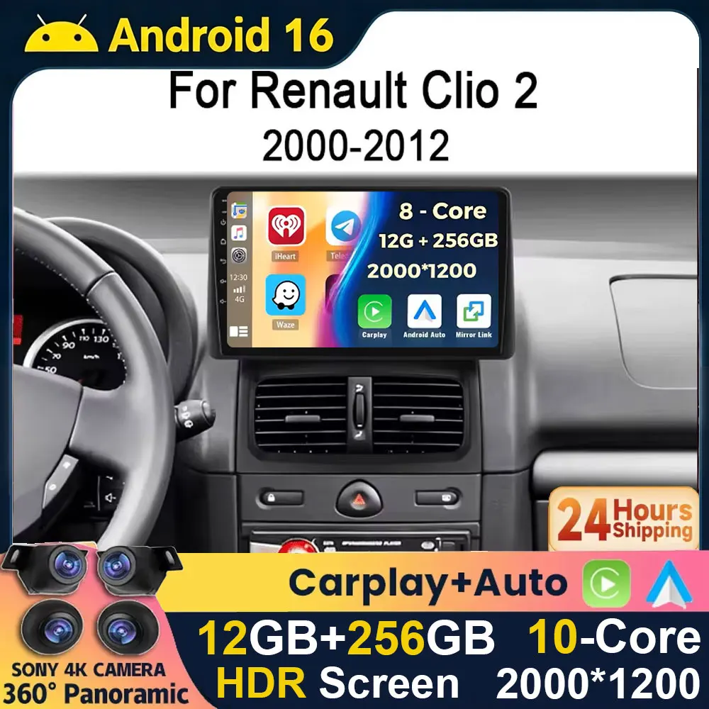 Android 16 2K QLED For Ford Renault Clio 2 2000 - 2012 Car Radio Stereo Auto DSP Carplay GPS Navigation Player Video 4G WIFI BT
