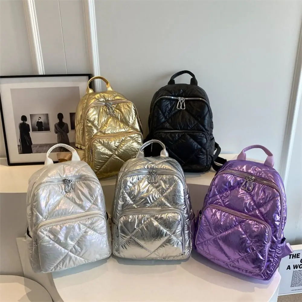 Solid Color Space Cotton Backpack Cloud Nylon Bubble Shoulder Bag Pleated Adjustable Shoulder Strap Student Schoolbag Travel