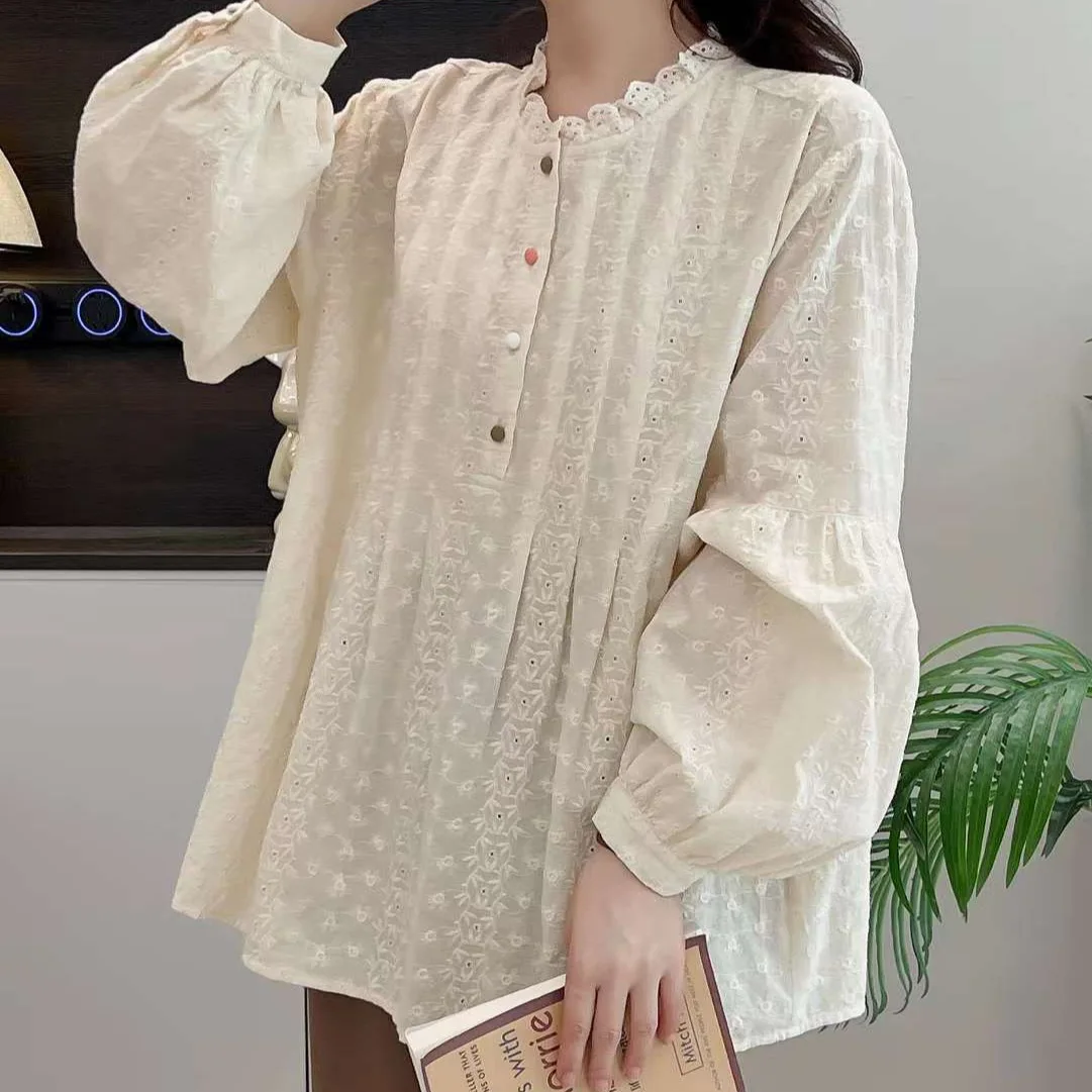 Camisa de algodão de manga comprida para as mulheres, em torno do pescoço bordados tops, solto e doce, outono e inverno, novo, 2024, t48654qc