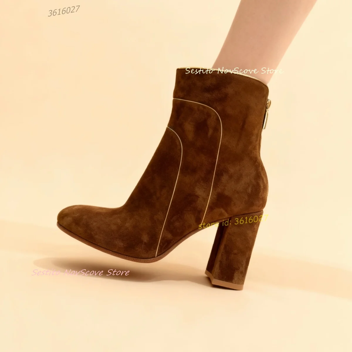 

Round Toe Suede Ankle Boots Back Zip Block High Heels Gold Stripes Decor Short Booties Fashion Women Autumn Classic Boots