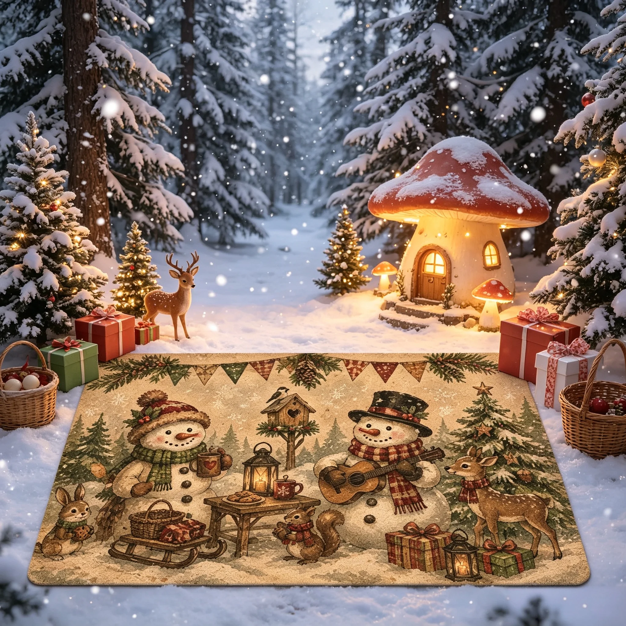 Xmas Retro Snowman Welcome Doormat Forest Deer Squirrel Bunny Printed Rug Indoor Entry Mat Winter Festival Home Porch Styling