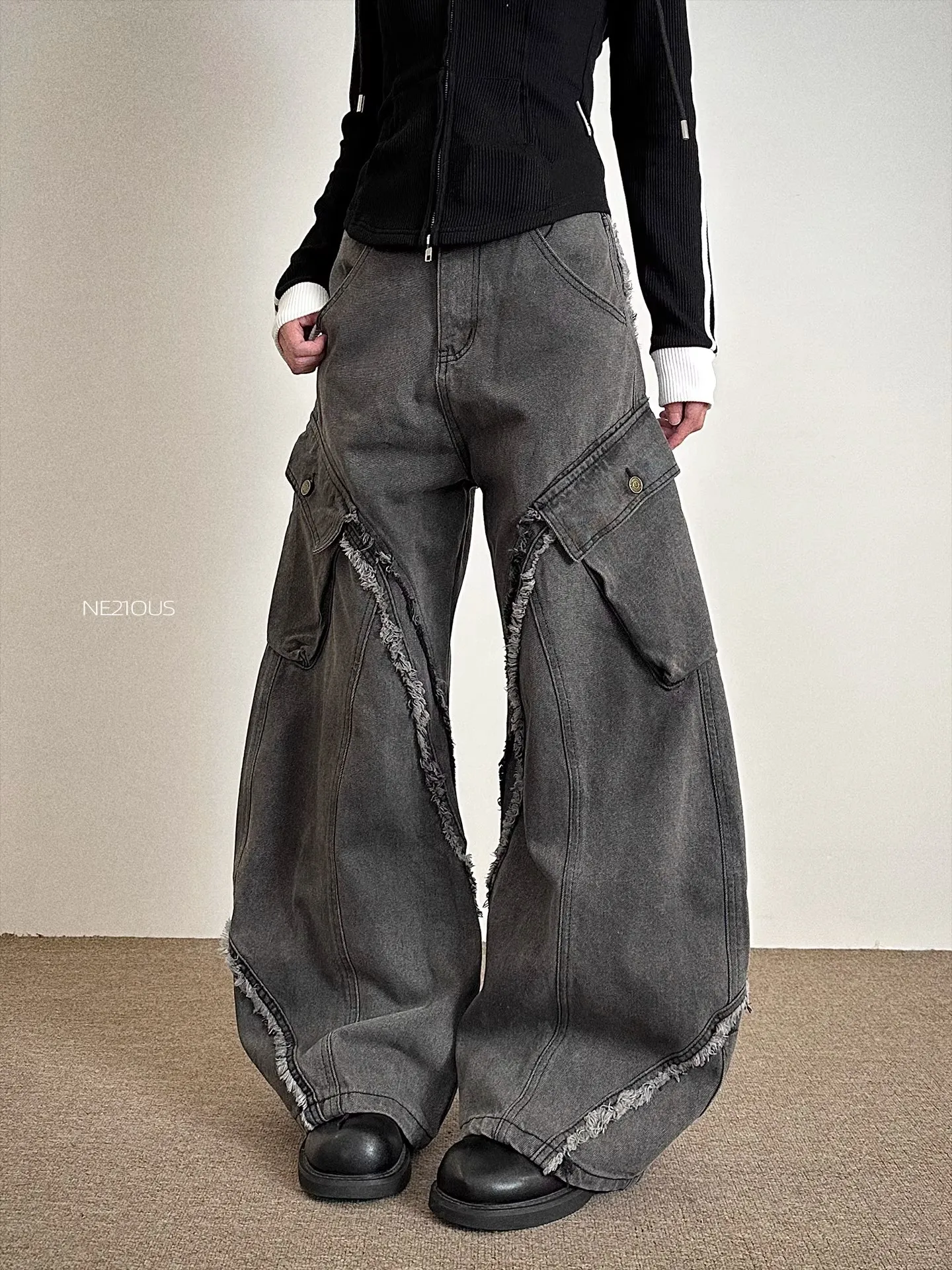 

Женские серые мешковатые джинсы-карго Y2K American High Street Harajuku Эстетический винтажный дизайн Широкие джинсы Брюки Одежда