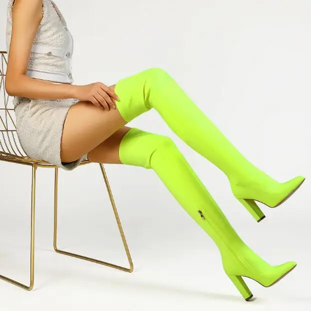 Sexy Solid color Neon yellow green Purple Lycra Thigh Boots 10 cm Block heels Pointed Toe Over the knee Stretch Sock Boots Woman