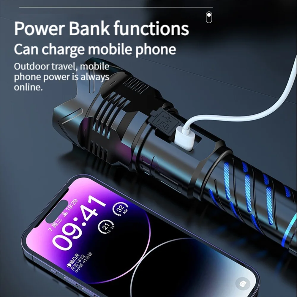 High Power LED Flashlight USB Rechargeable Strong Light Tactical Torch ELong Range Zoom Lantern Outdoor Camping Lamp Waterproof
