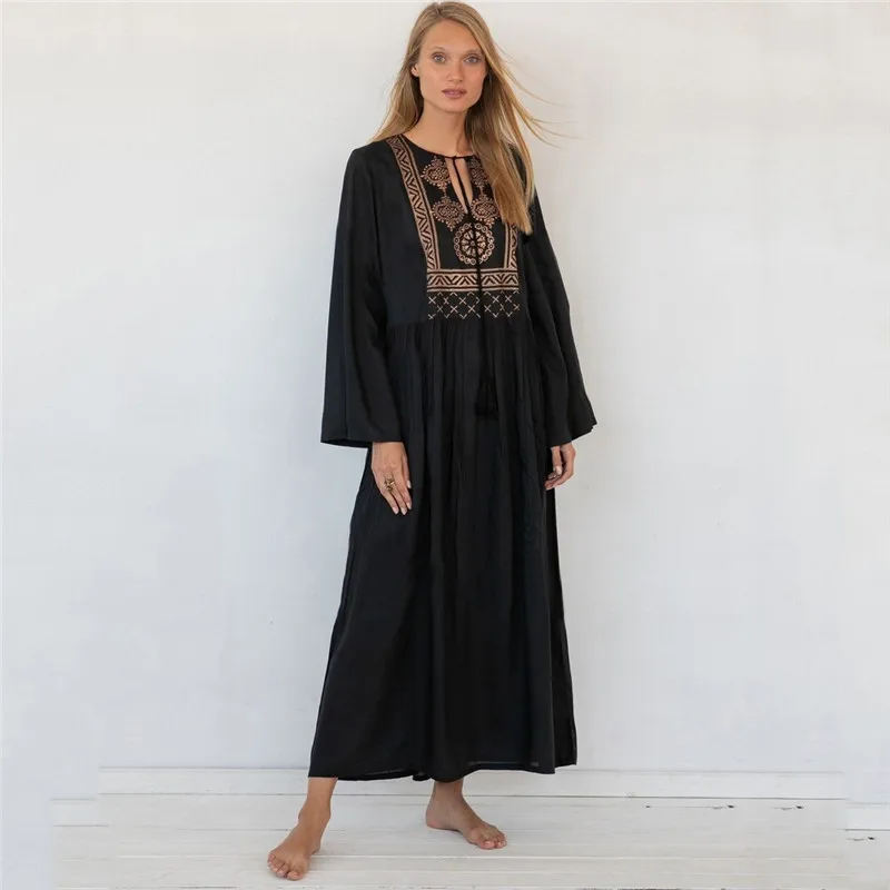 

Black Embroideried Women Beach Dress Long Kaftan Vintage Summer Maxi Dress Women Beach Wear Bathing Suit Cover Up