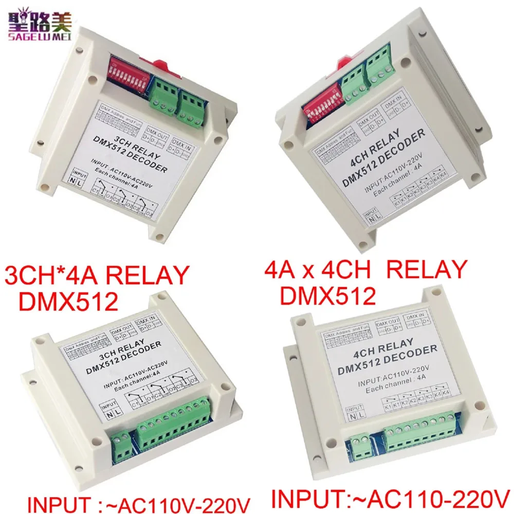 

DMX-RELAY-3CH/4CH-220 50/60HZ AC110-220V Controller Decoder RGB Led Strip Lights DMX512 Relays 3P Use For Led Strp Lights Lamp