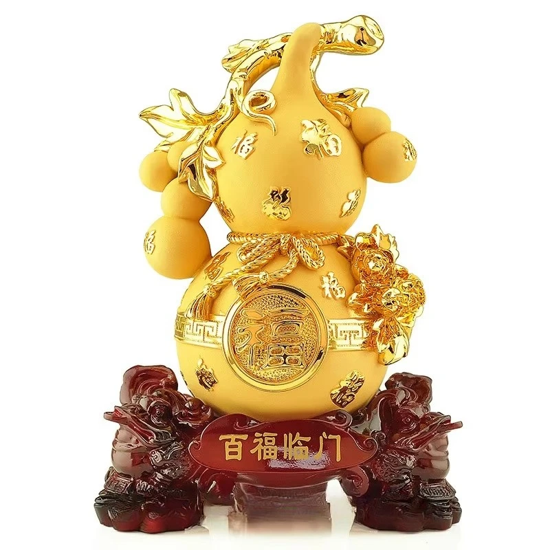 Golden Wu Lou Calabash Feng Shui Ornament, Lucky Wealth Symbol Table Decor for Living Room Housewarming Gift