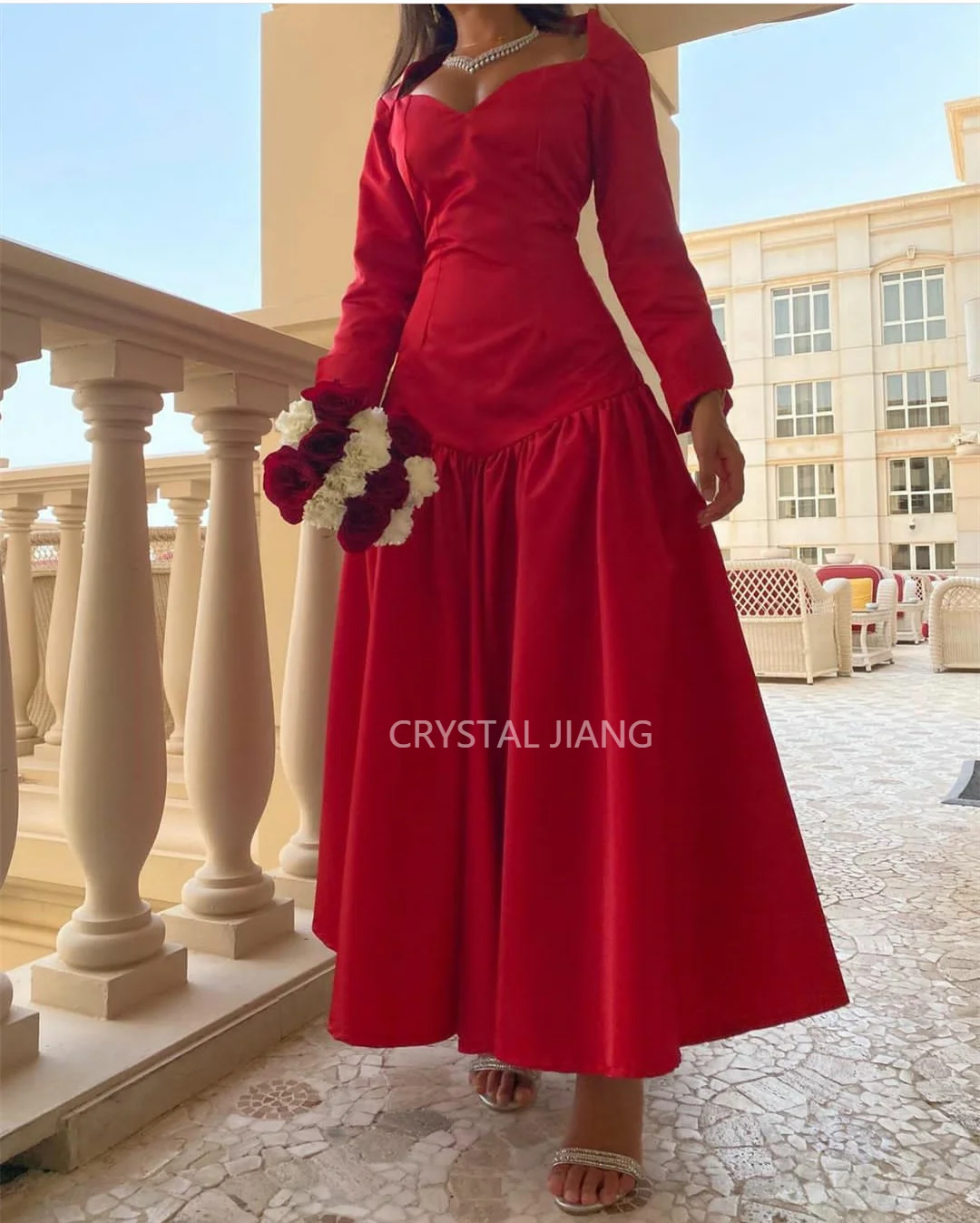 

Long Satin Red Boat Neck Evening Dresses فساتين السهرة A-Line Ankle Length Prom Dress Robe de soirée for Women