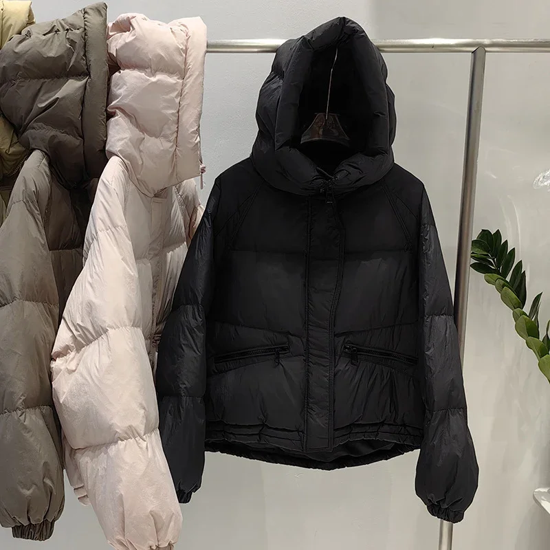 Schinteon 여성용 후드 다운 재킷, 따뜻한 외투, 드로스트링, 루즈 캐주얼, 화이트 덕 다운, 짧은 코트, 가을, 겨울, 2024 신상