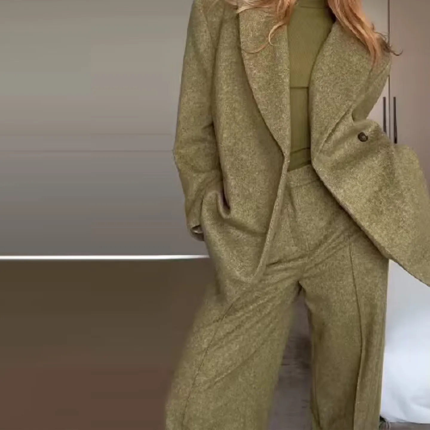 엘리 원버튼 수트 세트 2025 겨울 신상 여성 패션 개성 심플 매치 하이웨이스트 롱 팬츠 출퇴근룩