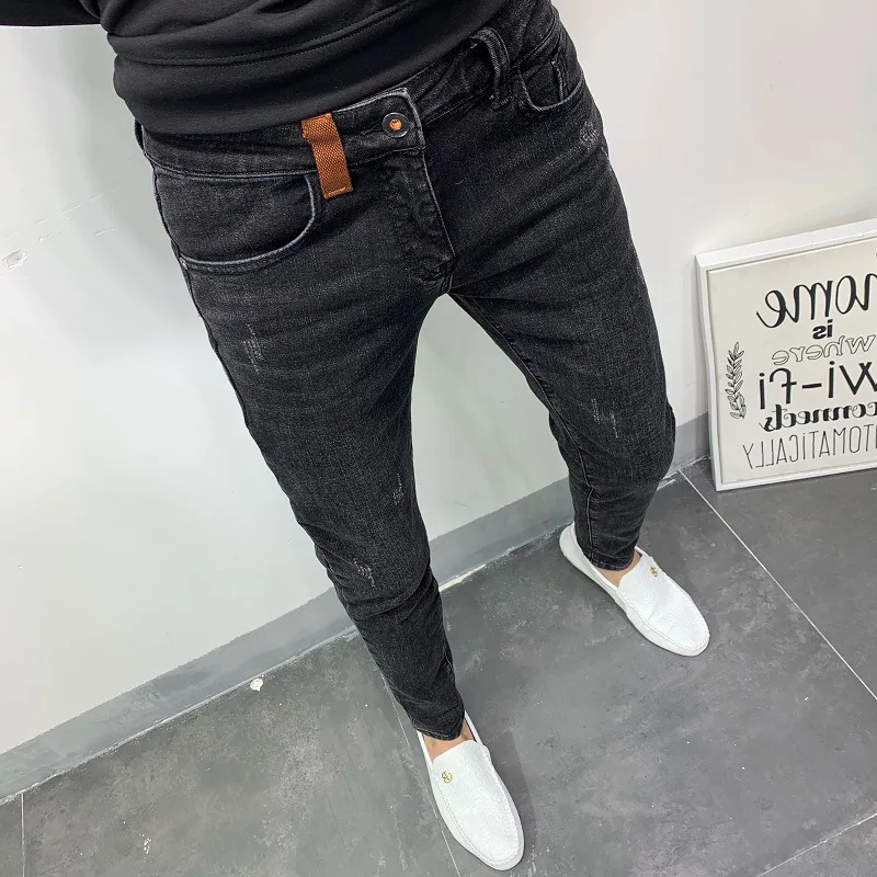 Brand Autumn Black Man's Korean Cropped Trousers 2022 New Slim Feet Casual Black Pants Mens Street Wear Designer Jeans for Men