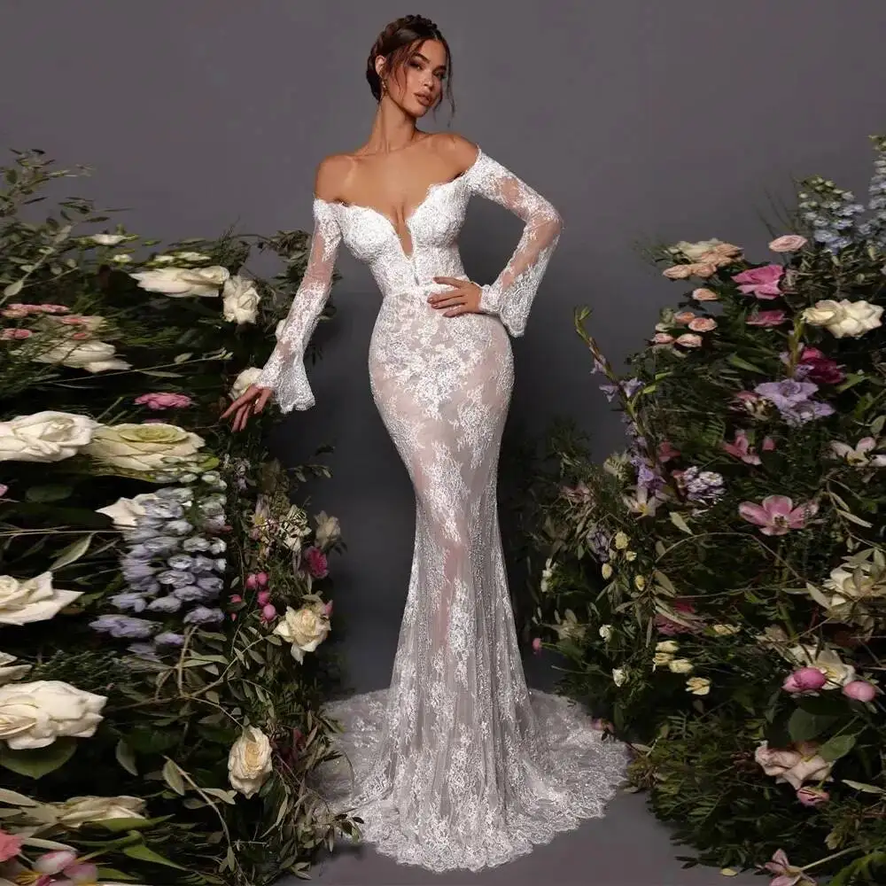 

Mermaid Sexy Wedding Dre V Neck Flare Sleeve Lace Applique Country Bridal Gown Train Vetido De Noiva New Cutomized