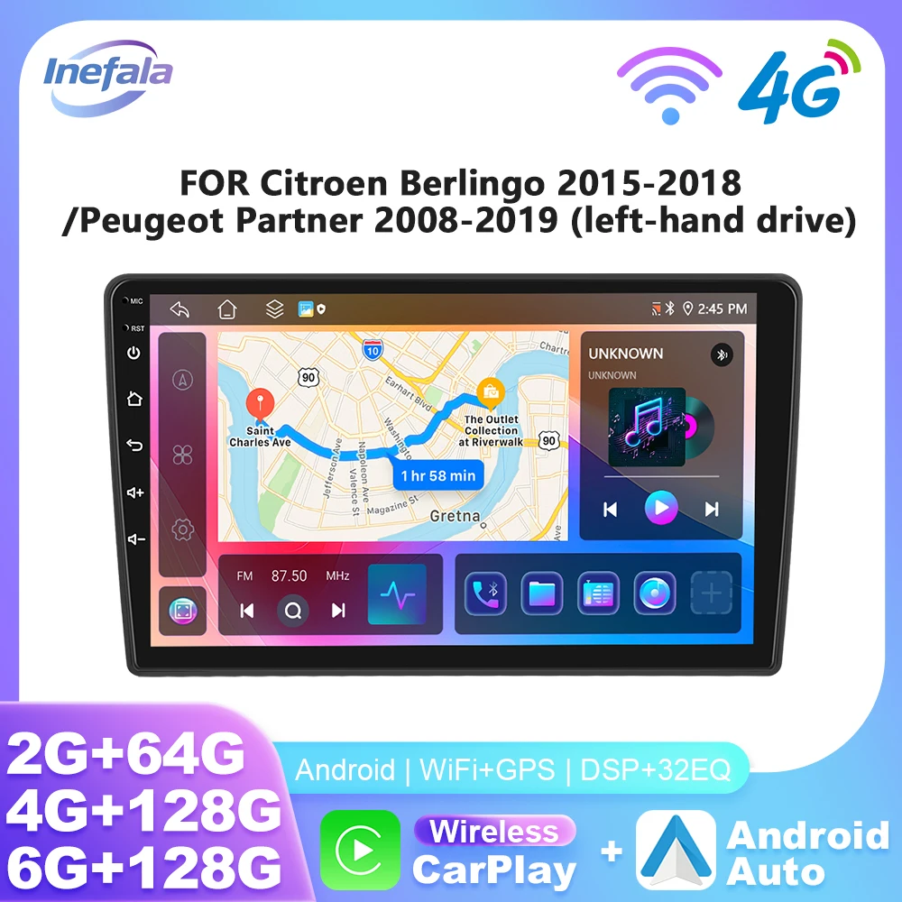 Inefala CarPlay Android Auto autoradio pour citroën Berlingo 2015-2018/Peugeot Partner 2008-2019 GPS 4G WIFI lecteur multimédia