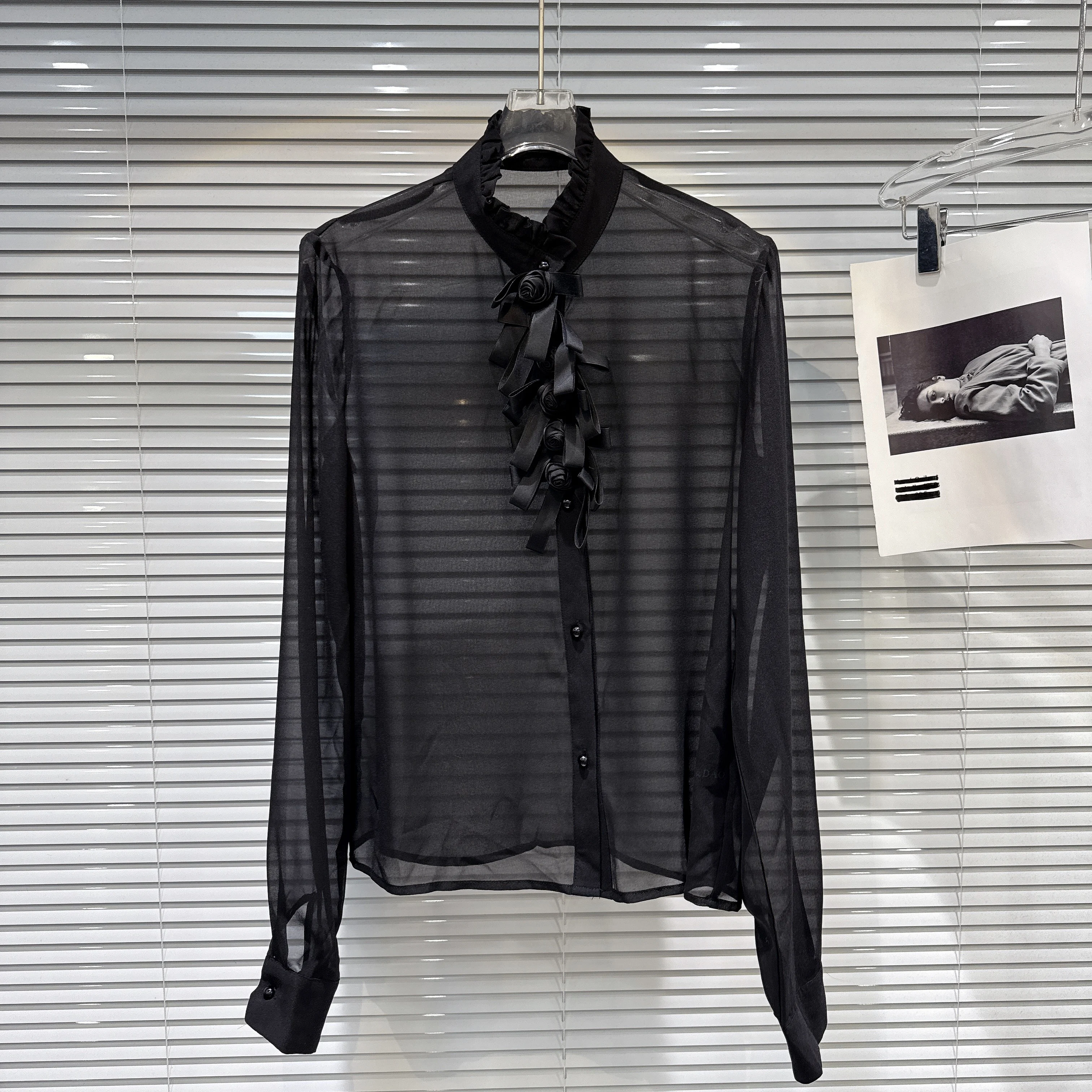 

2026 Spring New French Style Socialite Handmade Rose Pin Black Mesh Shirt for Women, Black Chiffon Blouse Top