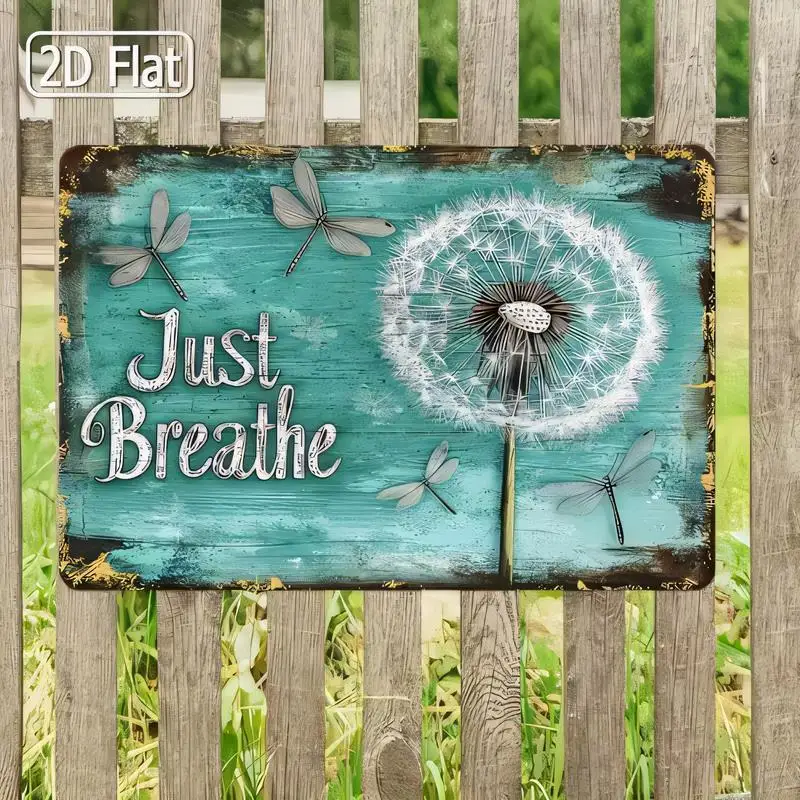 2D Flat Just Breathe Vintage Distressed Metal Sign - Teal, Dandelion & Dragonflies, Retro Wall Art for Garden/Home Decor - Iron,