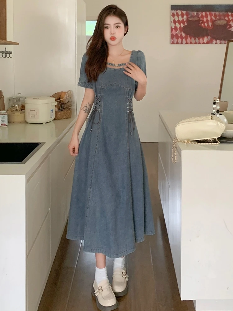 エレガントな薄いデニム半袖ドレス女性の夏大きいサイズ脂肪 MM ウエストシンチ腹カバーロングスクエアカラースカート