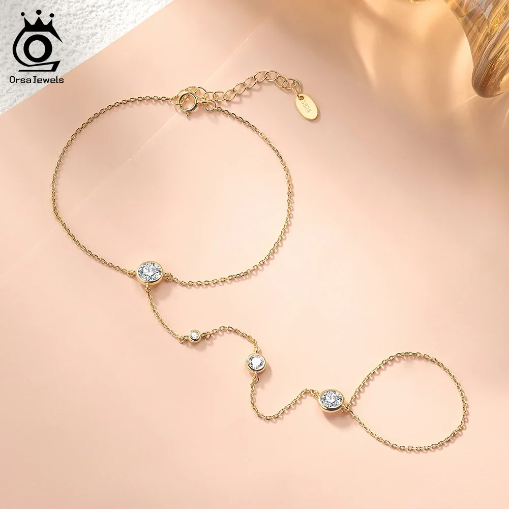 ORSA JEWELS  925 Sterling Silver Ring Bracelet for Women Simple Personality Chain Bowknot Ring Connect Bracelets Jewelry APV02