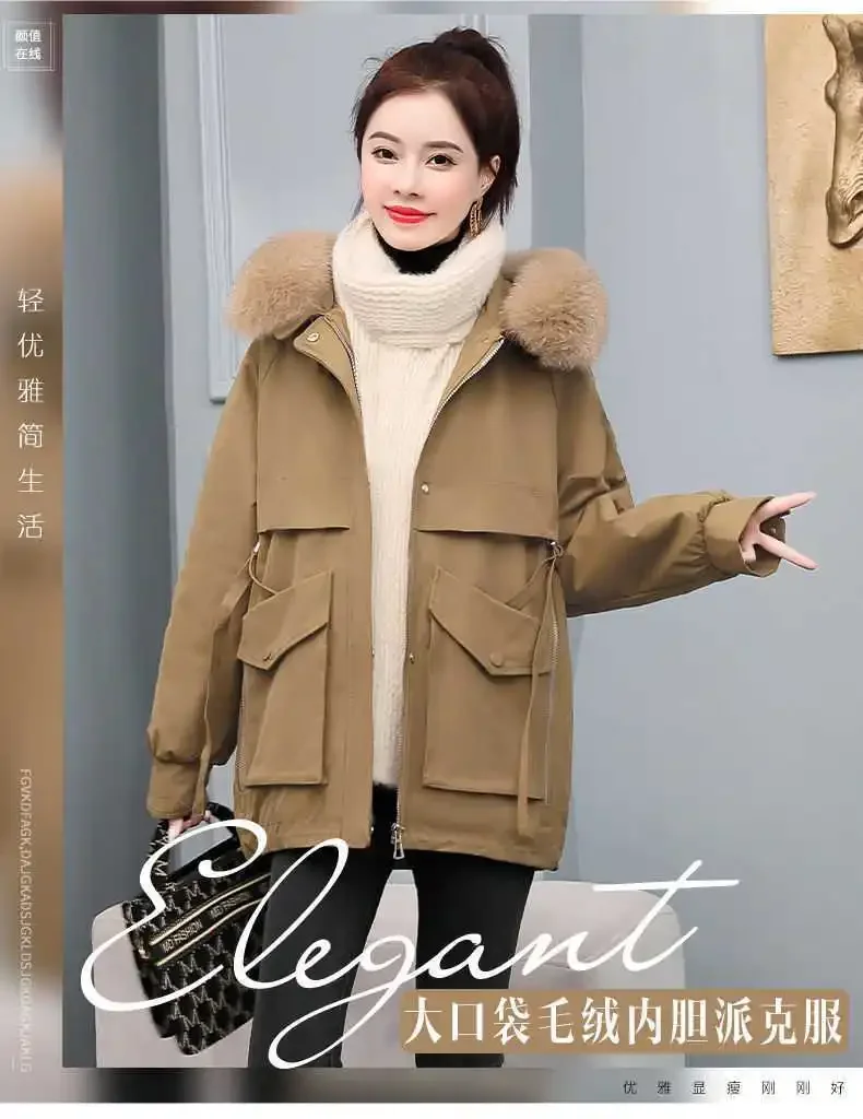 

CNACNOO Women's 2022 winter new Korean version of the long and thick cashmere the big fur collar cotton-padded jacket coat