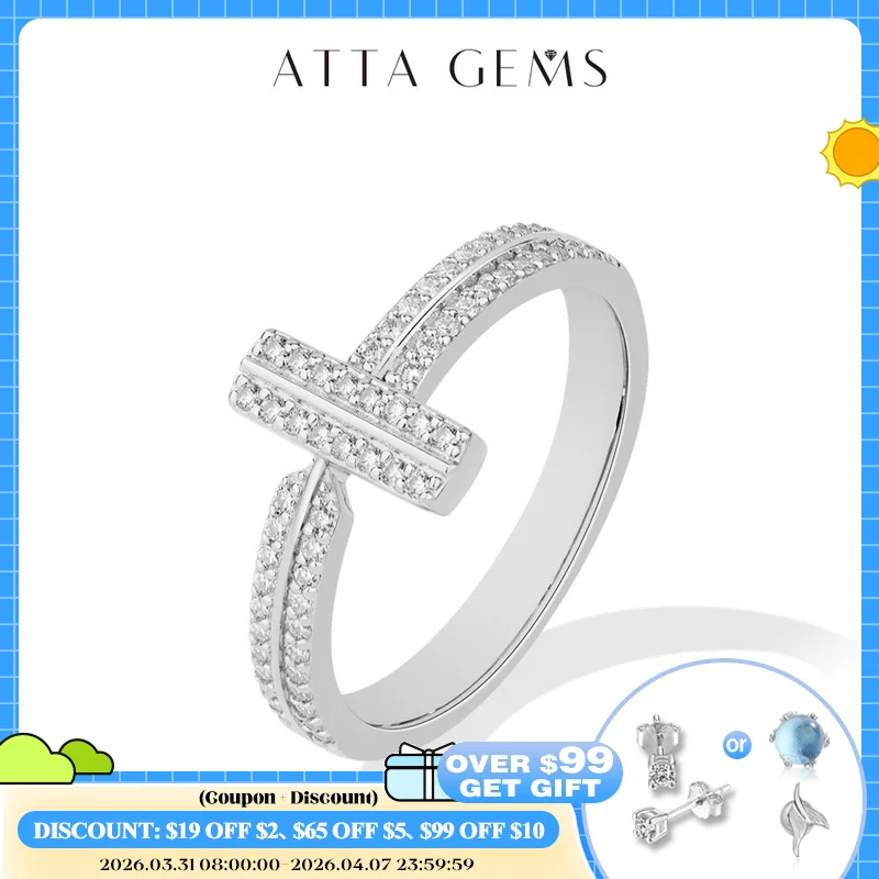 

ATTAGEMS 925 Sterling Silver Moissanite T-Bar Ring Double Band Paved Luxury Design Rings for Women Engagement Party Jewelry Gift