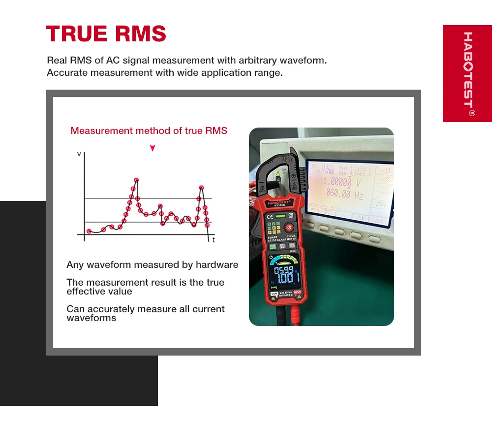 Pinza Amperimétrica HABOTEST HT205A/D con Rango Automático, Verdadero Valor Eficaz (RMS), Detector de Voltaje sin Contacto (NCV), Voltaje CC/CA, Corriente de Arranque, Medidor de Temperatura, Voltímetro Automático