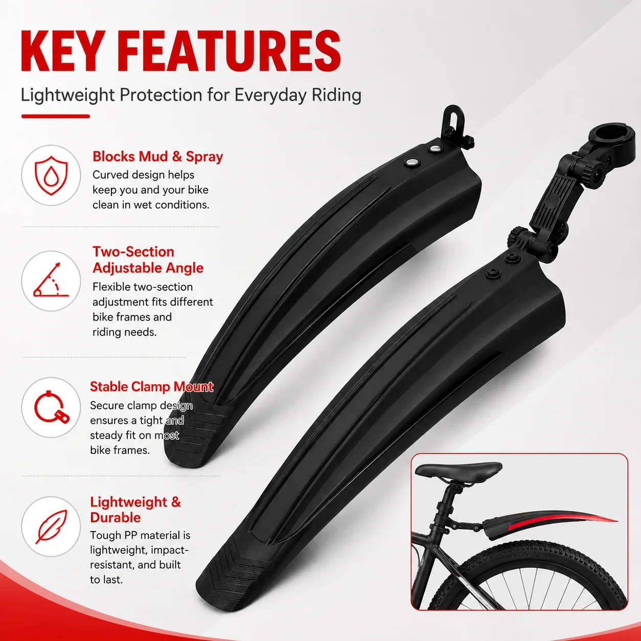 PINMOAP 2PCS Bicycle Fender Mudguard Set Front Rear Bike Wheel Splash Guard Waterproof Mud Flap For Mountain Road Cycling Parts