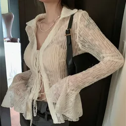 Y2K Long Sleeved Shirt Sunscreen Clothing Cardigan Female Summer Loose Fitting Mesh Yarn Sexy Thin Frenulum Pure Desire Hottie