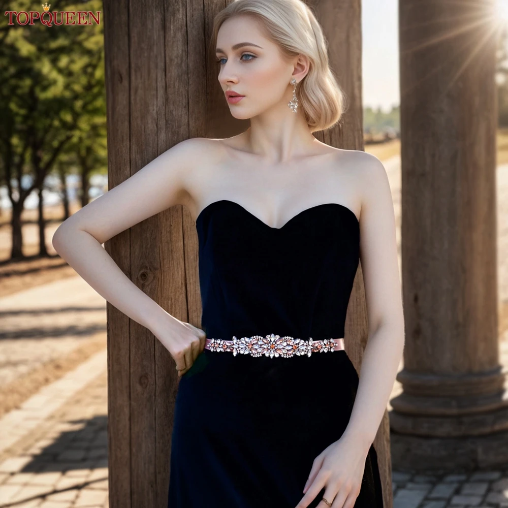 

TOPQUEEN Rose Gold Gemstone Evening Gown Belt Wedding Sash Jewelry Applique Bridesmaid Accessories Party Bridal Belt S423