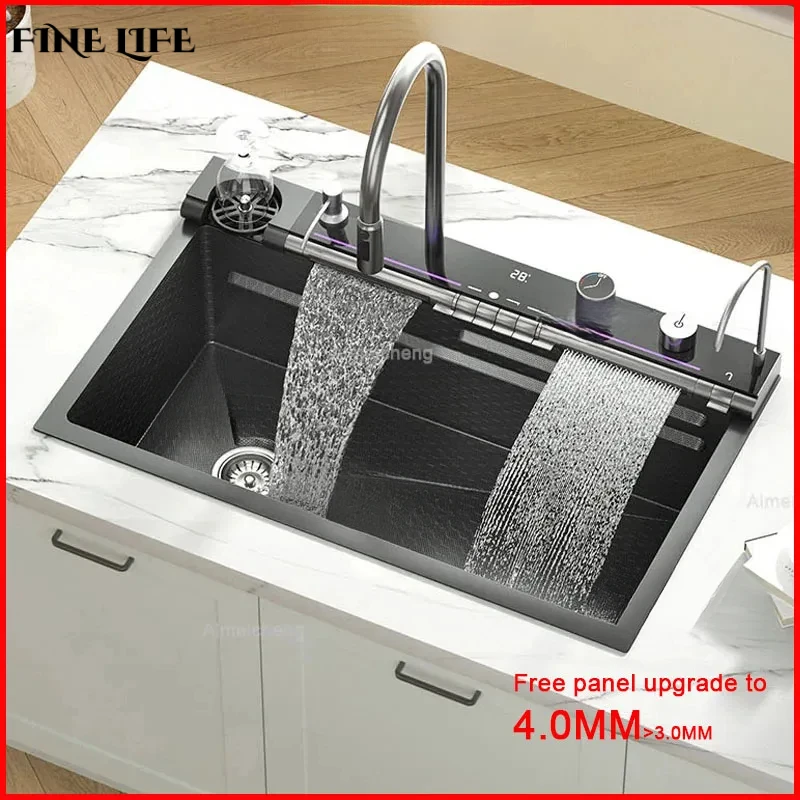 Popular large single slot multifunction sink anti-scratch led digital display waterfall kitchen sink with cup washer