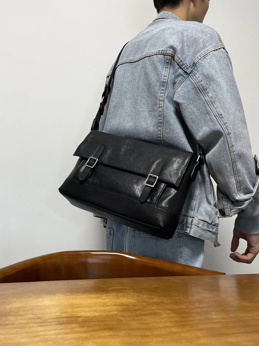 

outdoor daily work first layer cowhide men's black messenger bag casual luxury handmade genuine leather commuter shoulder bag