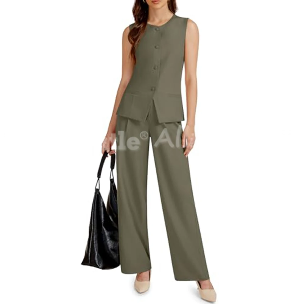 2 Piece Outfits for Women Business Casual Single Button Blazer Jacket and Wide Leg Pants