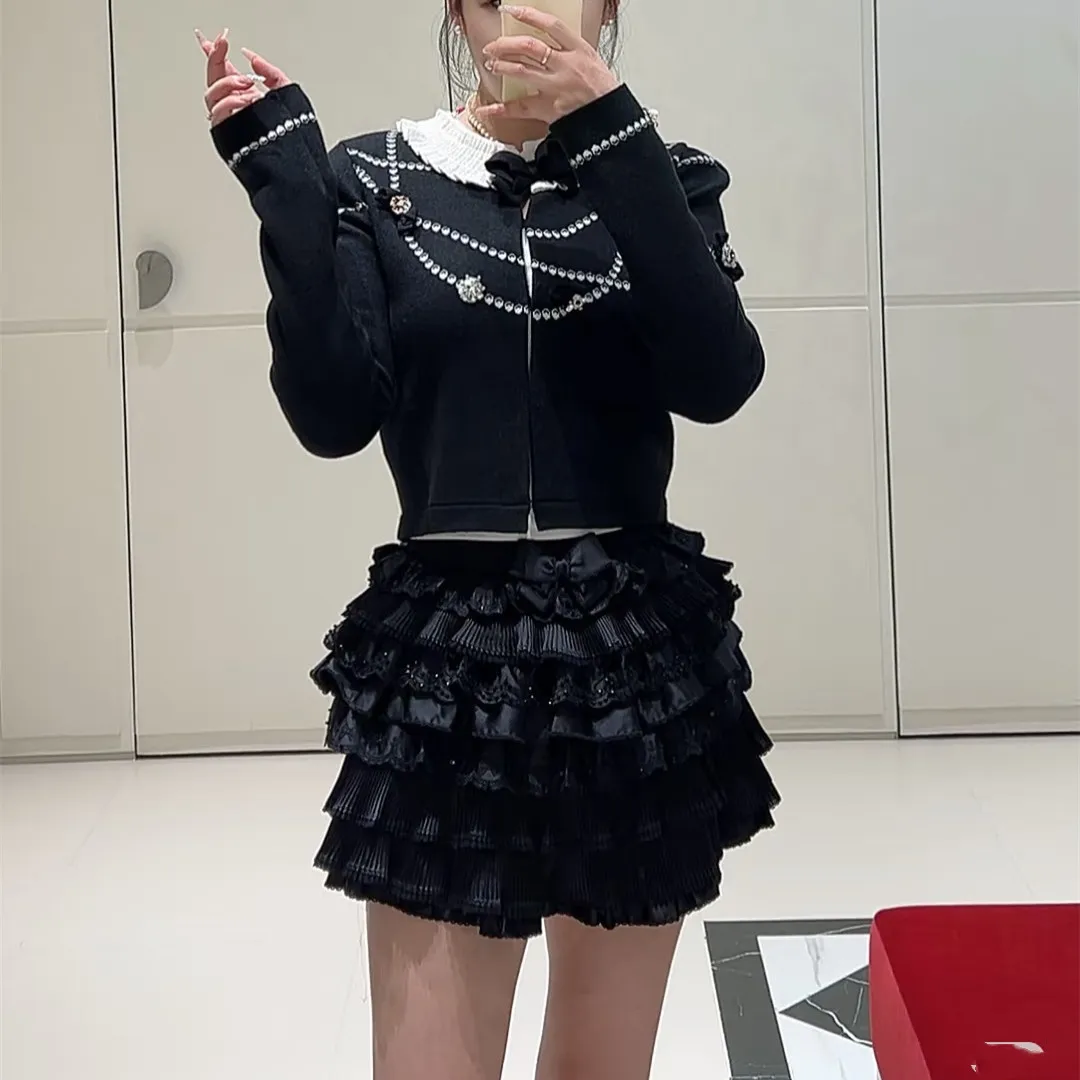 الراقية الأوروبية Sle اللؤلؤ التطريز طويل Sve سترة محبوكة المرأة الحلو فضفاضة تناسب معطف ort تنفس