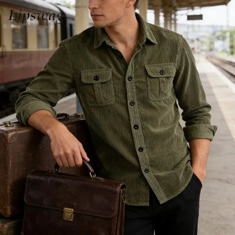 

2026, весенне-осенняя повседневная куртка-карго, мужская винтажная мужская куртка на пуговицах Laoel, стильные однотонные куртки на молнии с воротником-стойкой