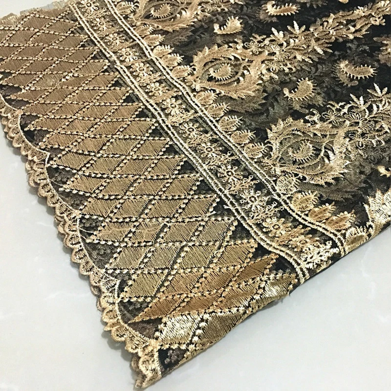 Boutique three-dimensional embroidery black mesh lace gold gold thread embroidery clothing fabric wavy lace fabric