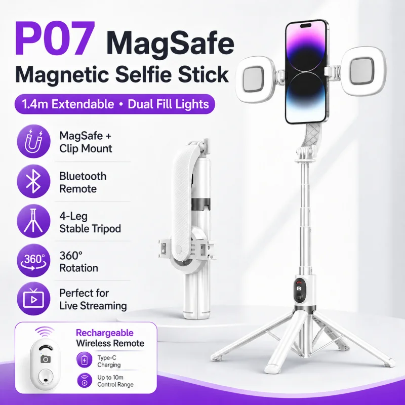 MagSafe Compatible Magnetic Selfie Stick Tripod, Bluetooth Remote 4-Leg Phone Holder Stand for Vlog Live Stream Shooting