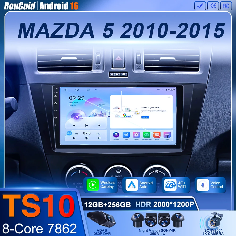 Android 16 Carplay Auto For Mazda 5 CW 2010 2011 2012 2013 2014 2015 Multimedia Car Radio Navigation Player Video WIFI+4G DSP