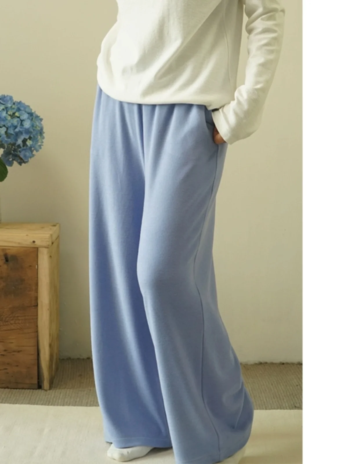 

Women's Casual Fce Lined Wide Leg Pants Elastic Waist Loose Fit Two Color Pure Cotton Autumn Winter Long Trousers