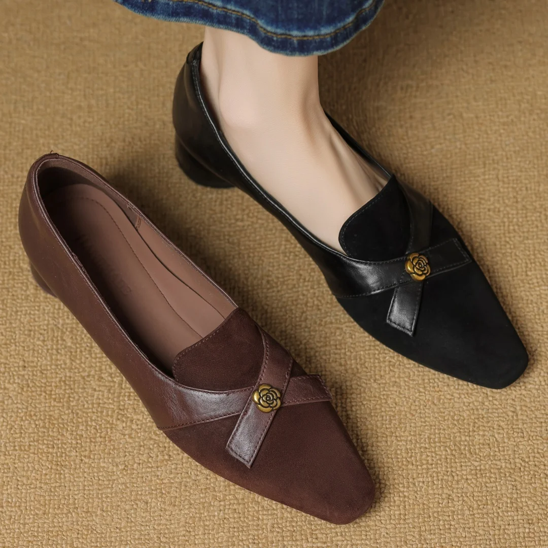 

Женские туфли-лодочки без шнуровки из натуральной кожи в стиле пэчворк с милым бантом и квадратным носком, элегантные женские туфли на низком каблуке 3 см, элегантные женские туфли на каблуке в стиле OL