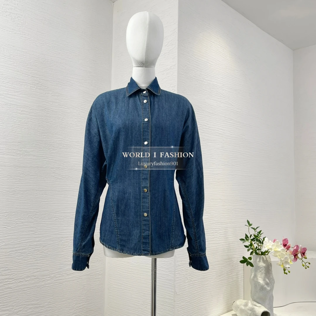 

2025 Woman Clothes Blue Long Sleeve Lapel Retract Waist Denim Jeans Jacket Tops